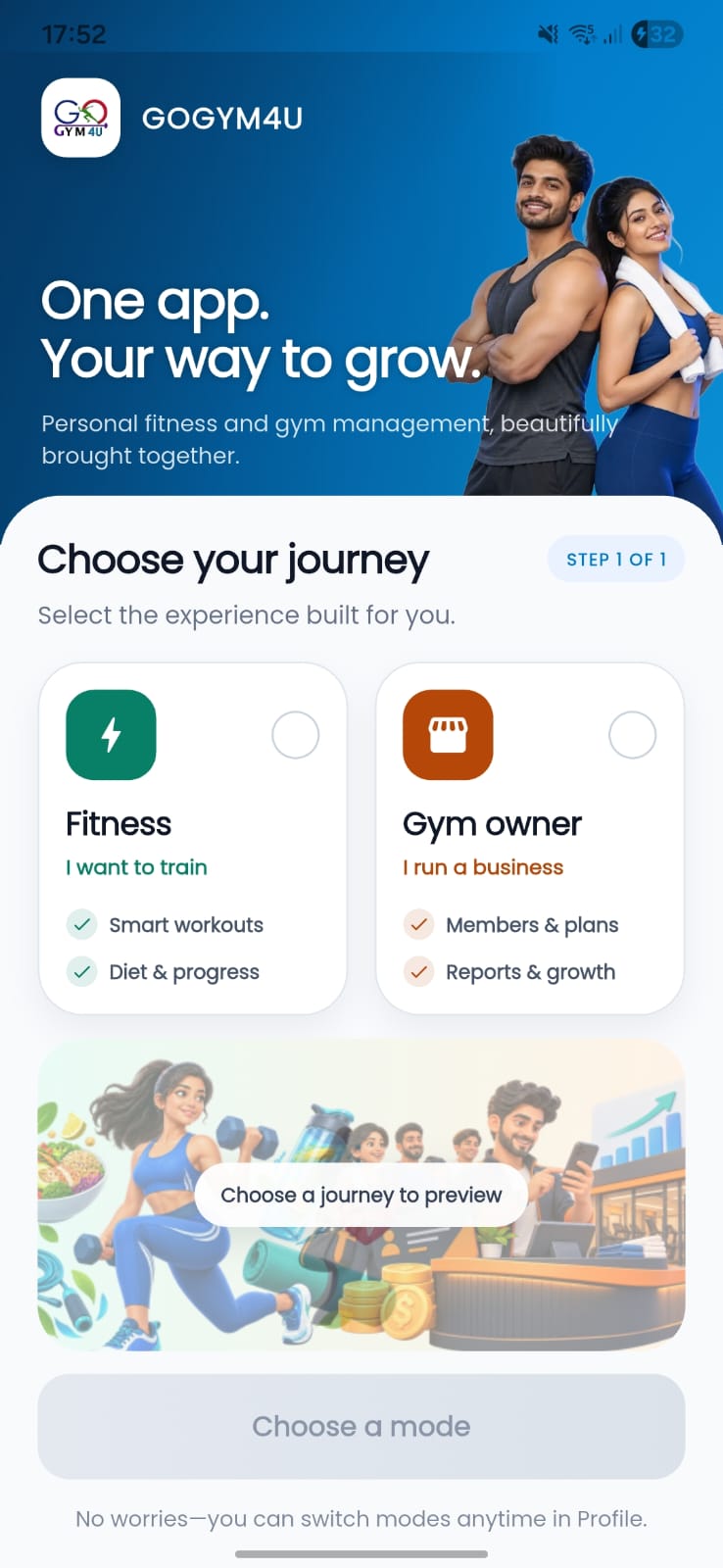 Choose between Personal Fitness and Gym owner modes