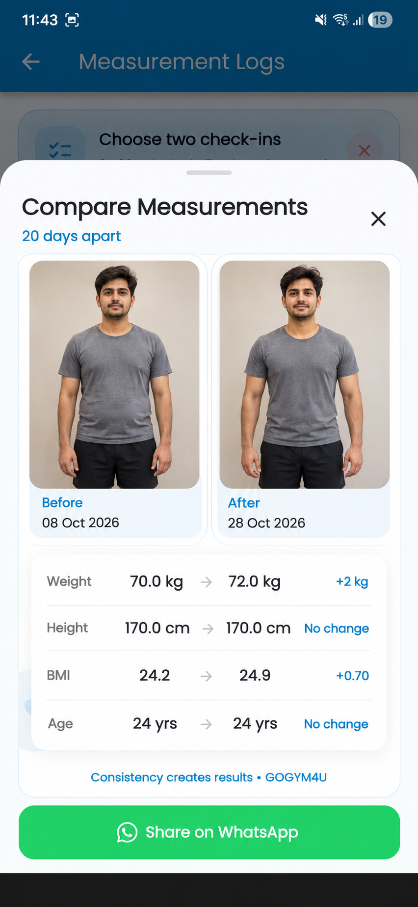 GoGym4U measurement comparison showing before and after photos and recorded measurements