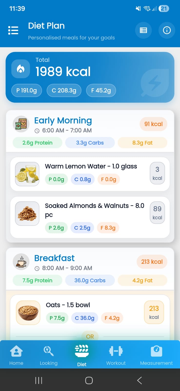 GoGym4U diet plan with meals, calories and macronutrient details