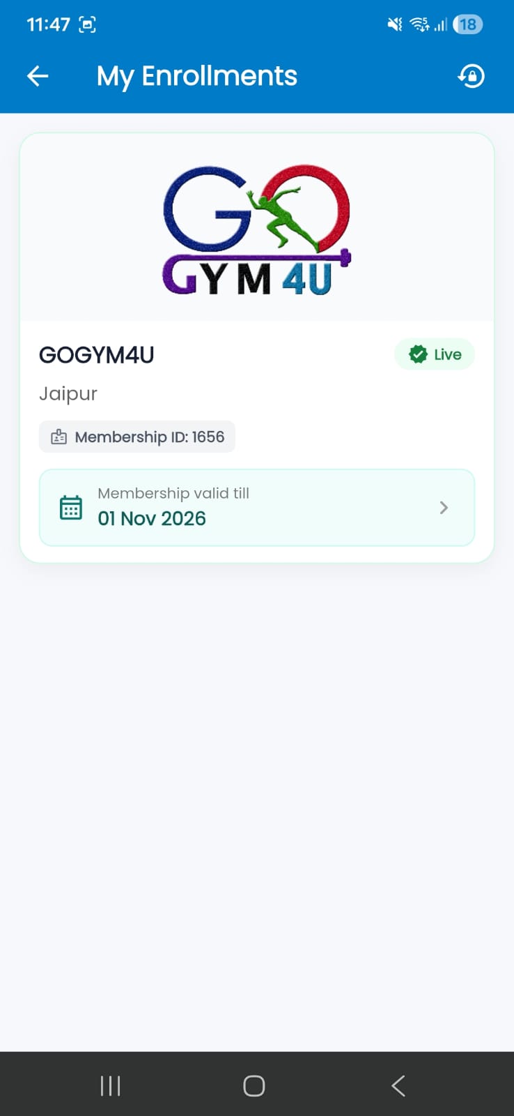 Gym enrollment card with membership status and validity