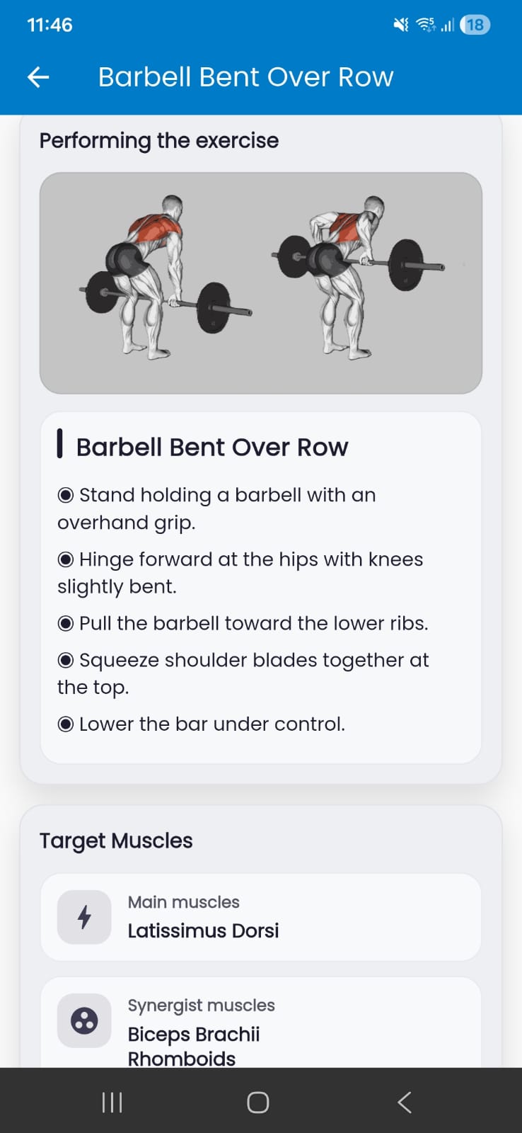 Exercise instructions with movement illustration and target muscles