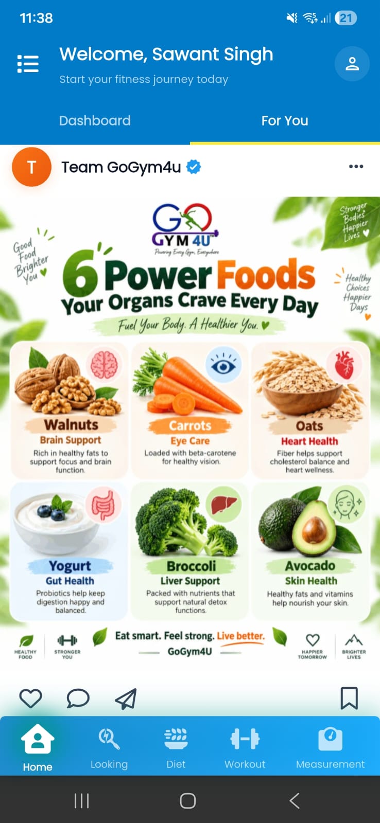 Fitness feed with nutrition and healthy living posts