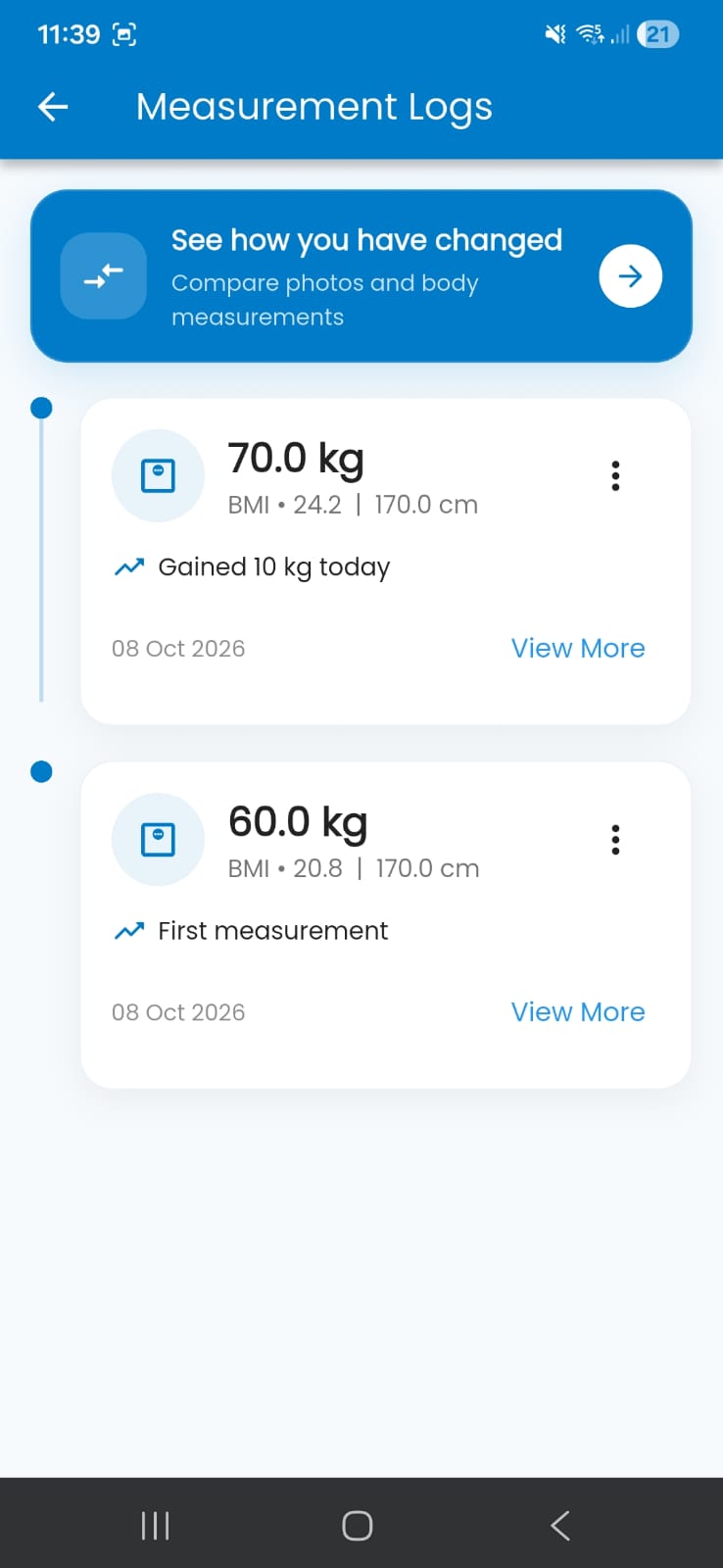 Measurement log with dated weight and BMI check-ins