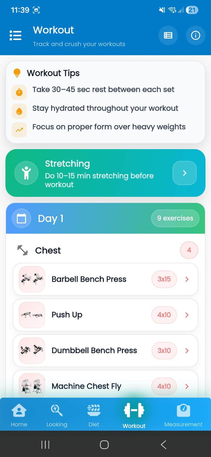 GoGym4U workout plan with daily training schedule, exercises and sets