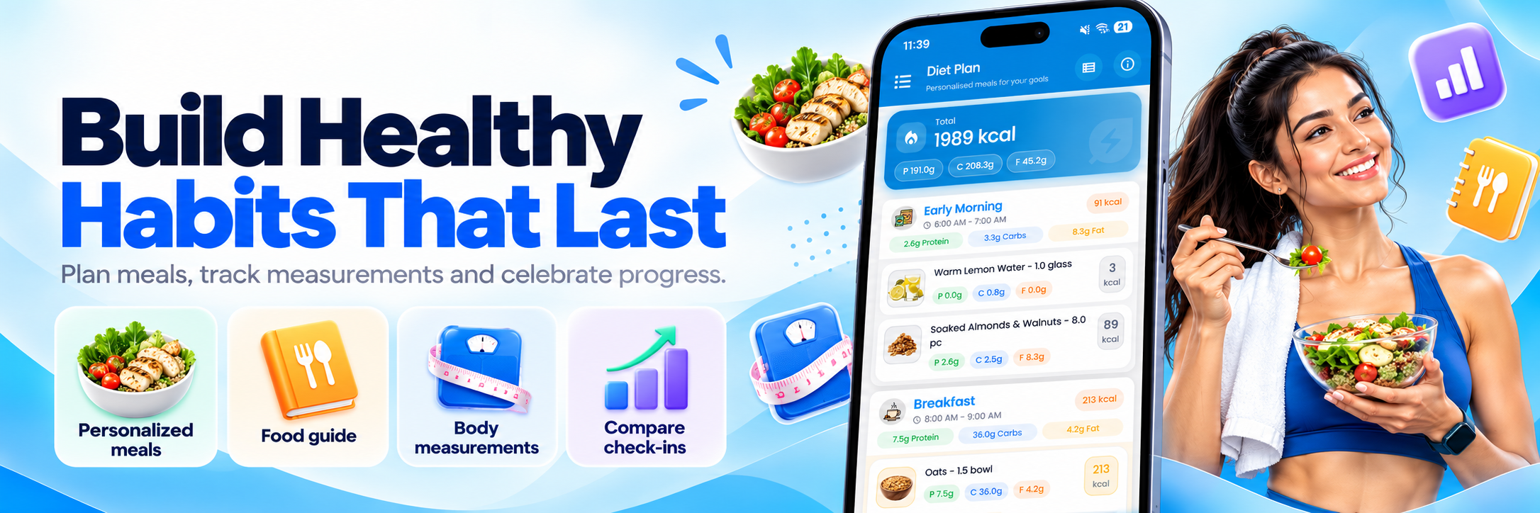 Healthy habits with personalized meals, food guidance, body measurements, and progress check-ins.