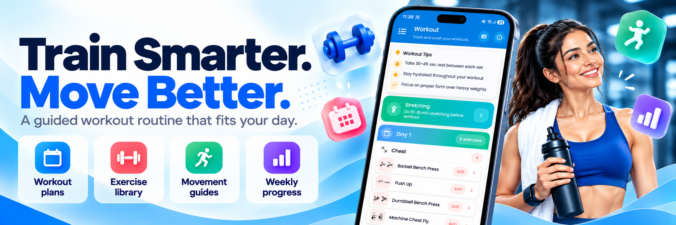 Guided fitness workouts with workout plans, exercise library, movement guides, and weekly progress.