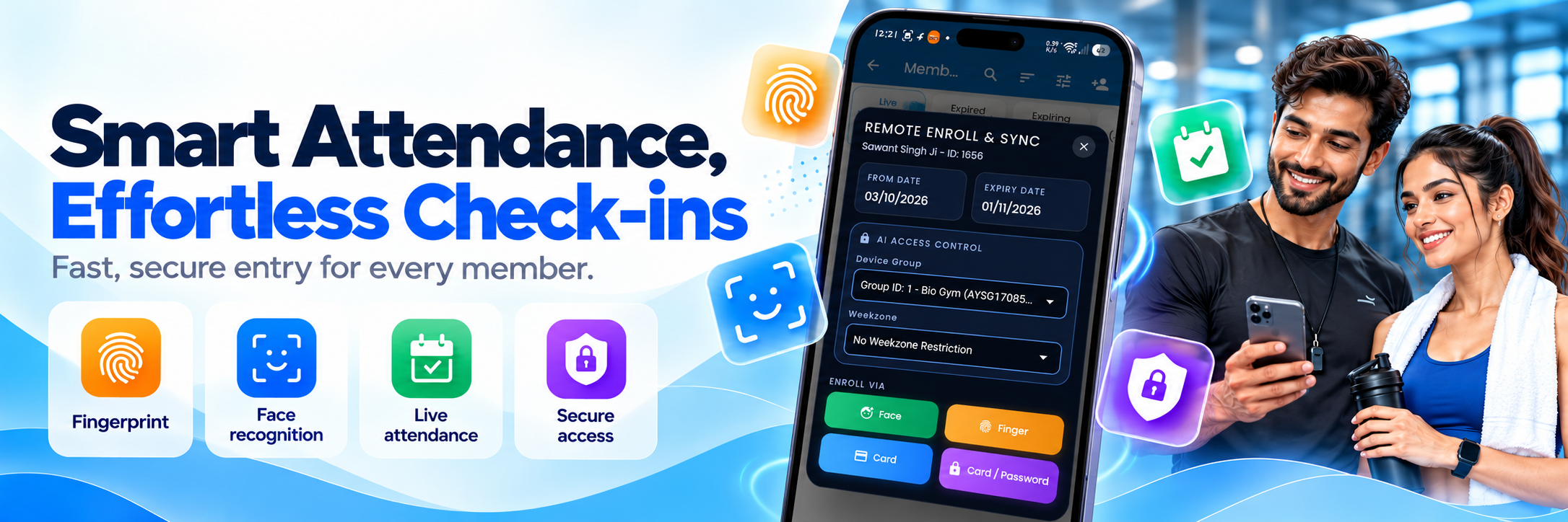 Smart gym attendance with fingerprint and face recognition check-ins, live tracking, and secure access.