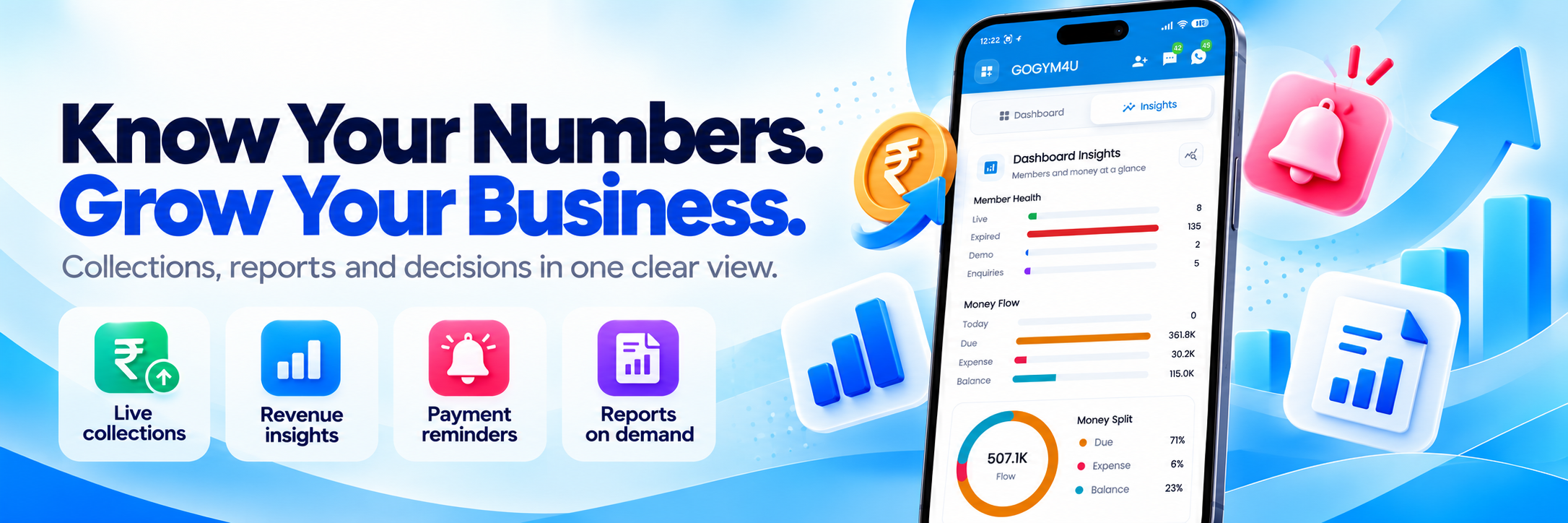 Gym business insights for collections, revenue, payment reminders, and reports.