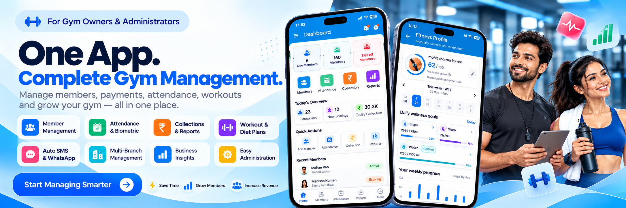 GoGym4U: one app for complete gym management, including members, biometric attendance, collections, reports, workouts and diet plans.